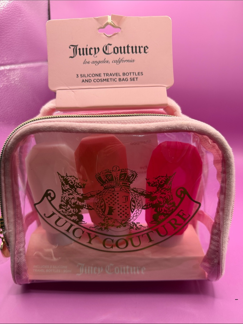 Juicy Couture Pink Travel Cosmetic Bag with Silicone Bottles